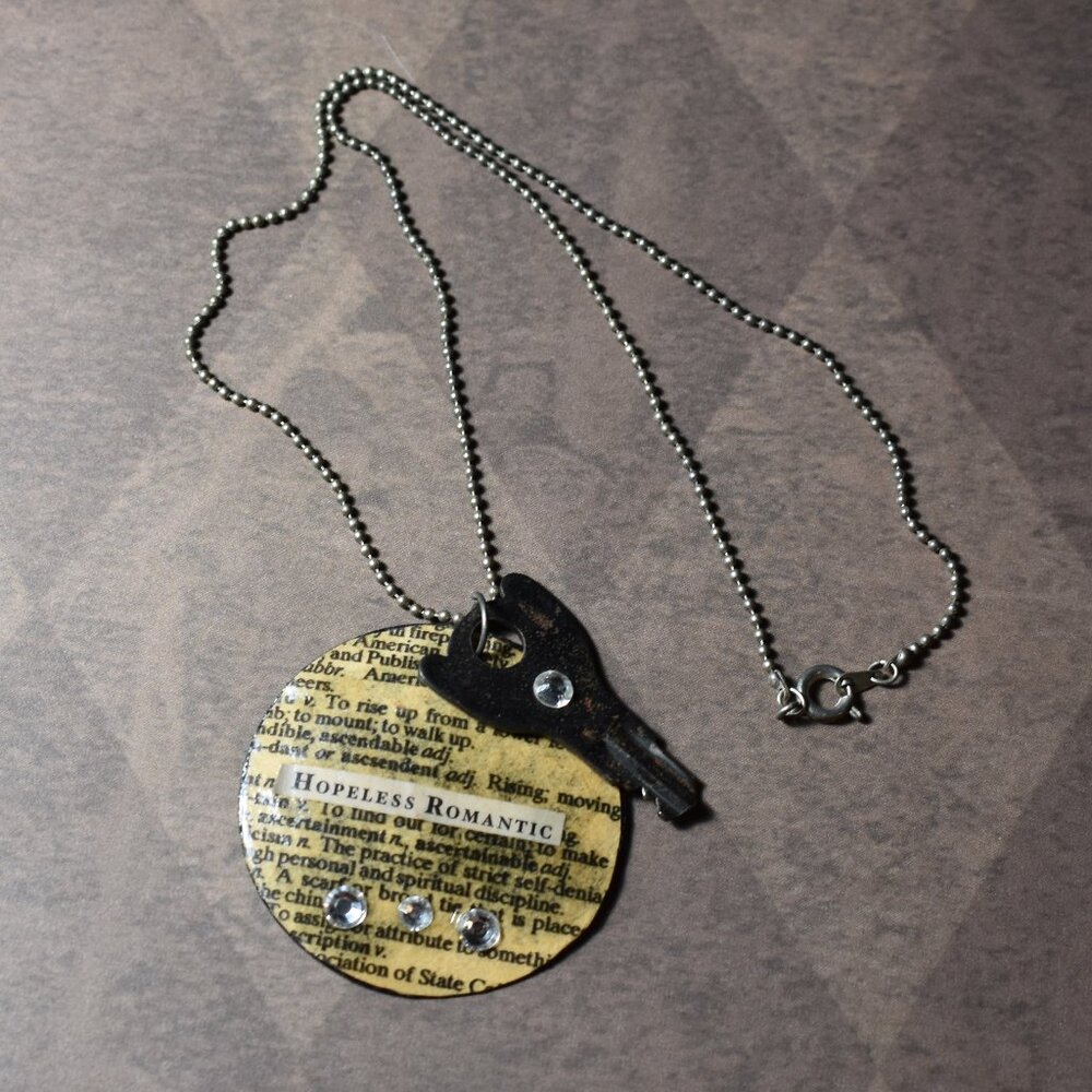 Hopeless Romantic handmade necklace with antique key and book page